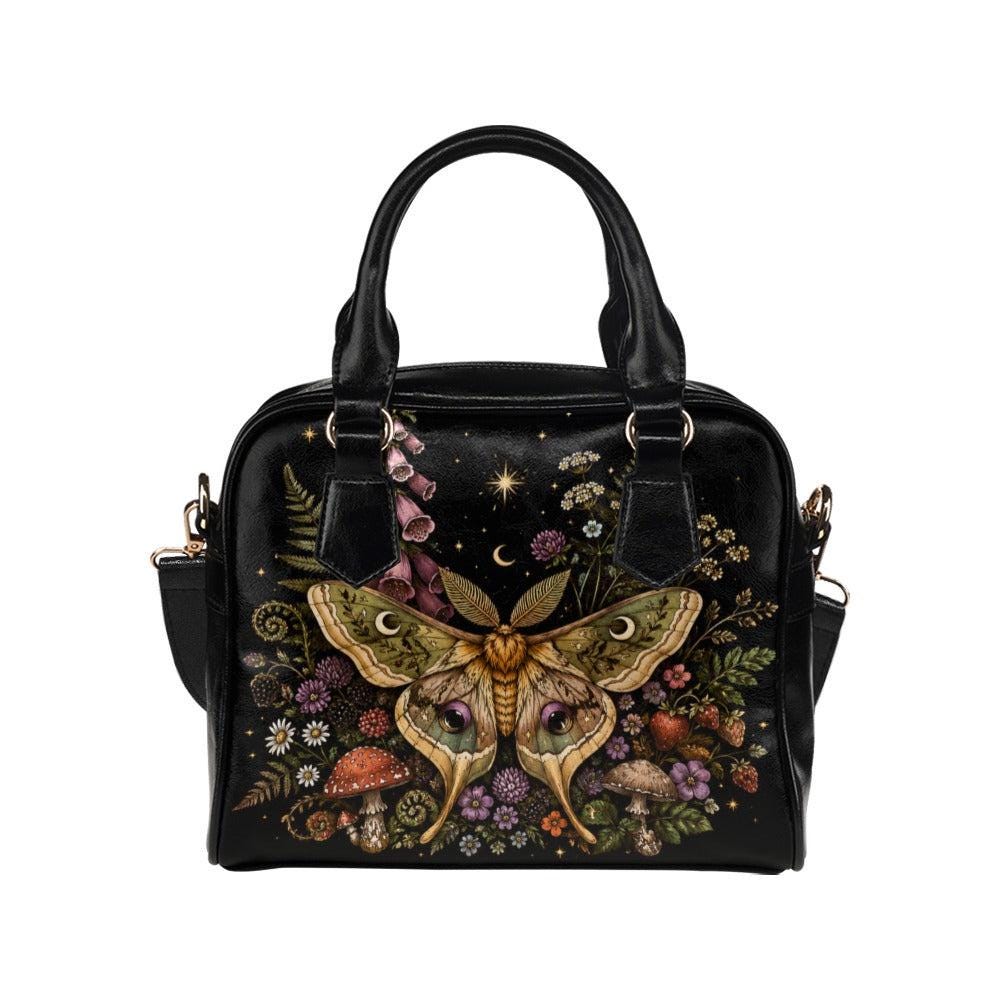Luna Moth Satchel Handbag, Botanical Fairycore Wildflower Garden Print Purse
