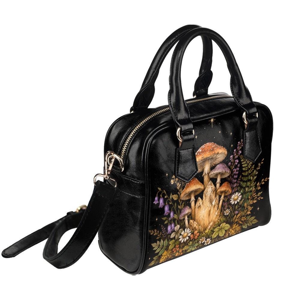 Fairycore Mushroom Crystal Handbag, Woodland Wildflower Faux Leather Shoulder Bag