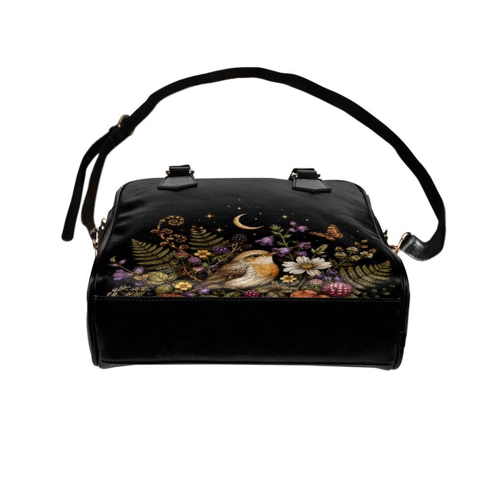 Bird Floral Handbag, Robin Moon Stars Dark Cottagecore Shoulder Bag