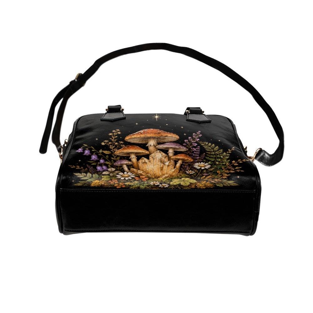 Fairycore Mushroom Crystal Handbag, Woodland Wildflower Faux Leather Shoulder Bag