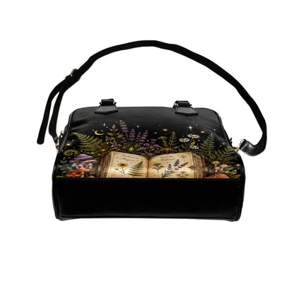Botanical Book Purse, Witchy Garden Handbag With Open Journal Floral Print, Black Zip Top Shoulder Bag for Bookish Style