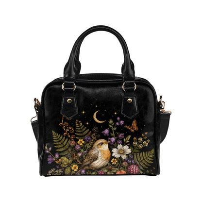 Bird Floral Handbag, Robin Moon Stars Dark Cottagecore Shoulder Bag