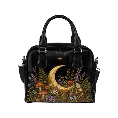 Crescent Moon Crossbody Purse, Celestial Black Handbag With Mushroom Floral Garden Print, Witchy Zip Top Bag With Handles