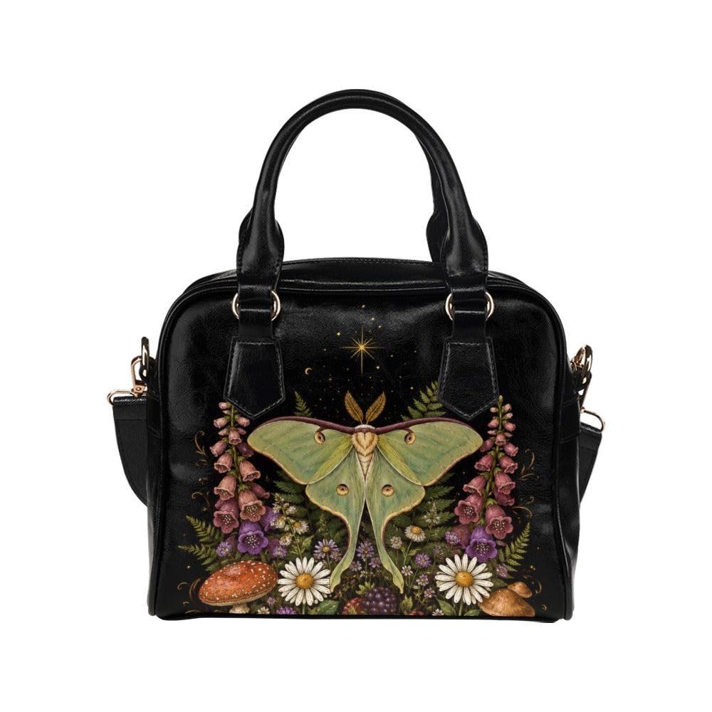 Luna Moth Handbag, Forest Moth Purse With Botanical Mushroom Floral Print, Black Shoulder Bag for Fairycore Nature Lovers