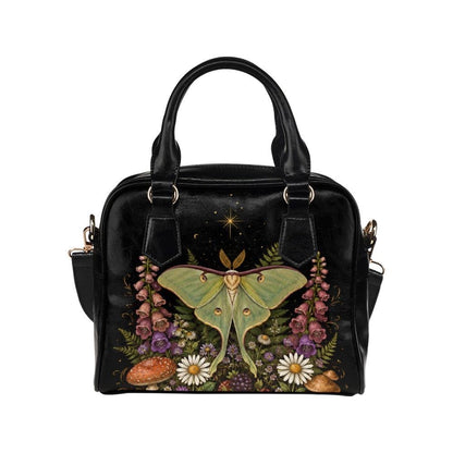 Luna Moth Handbag, Forest Moth Purse With Botanical Mushroom Floral Print, Black Shoulder Bag for Fairycore Nature Lovers
