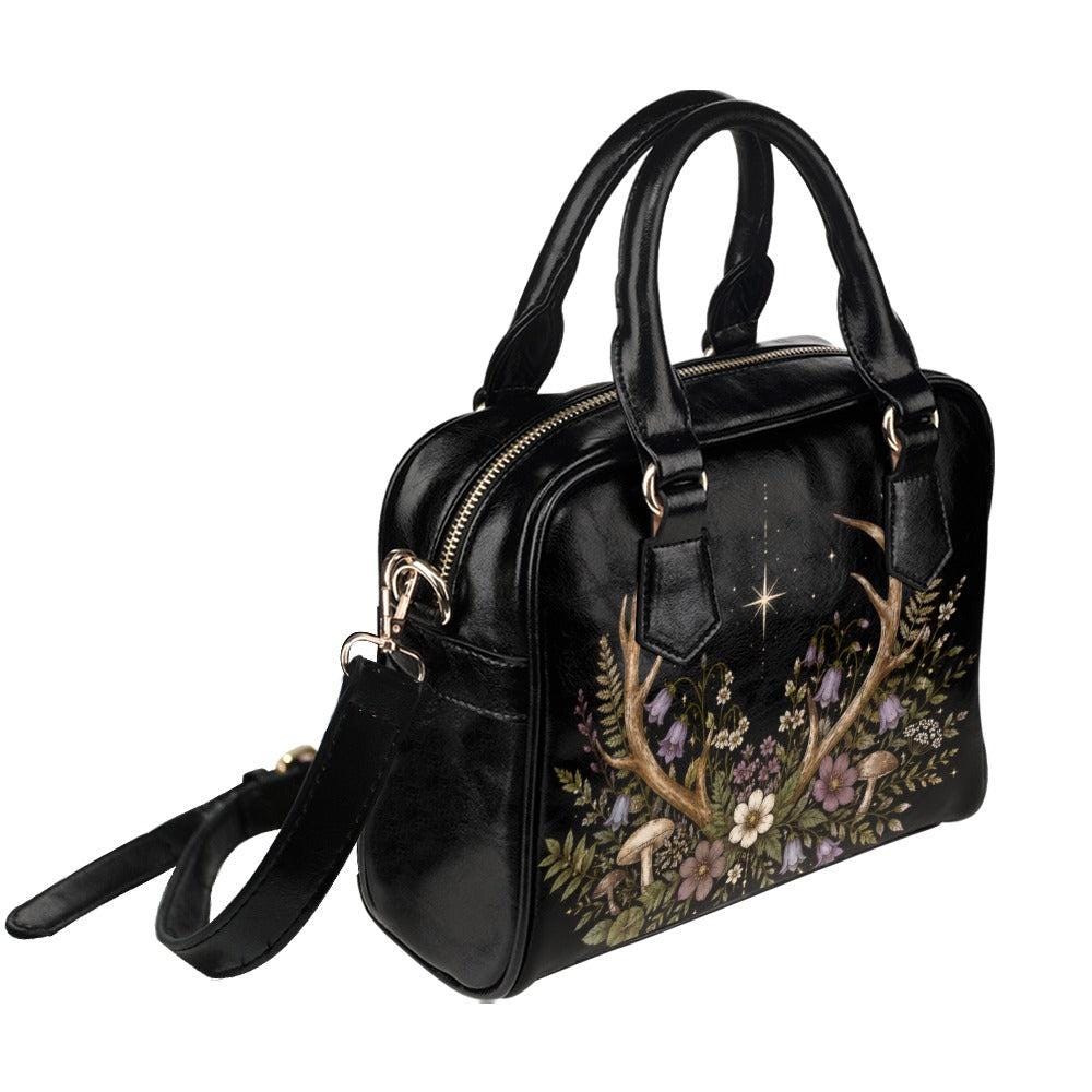 Antler Wildflower Satchel Bag, Forest Witch Mushroom Fern Celestial Print Purse
