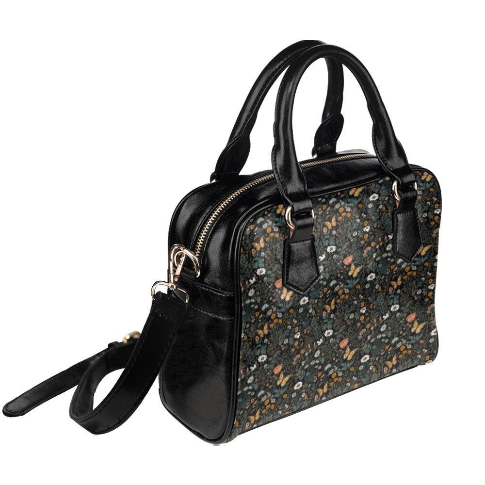 Dark Floral Butterfly Daisy Satchel Purse, Moody Cottagecore Crossbody Handbag