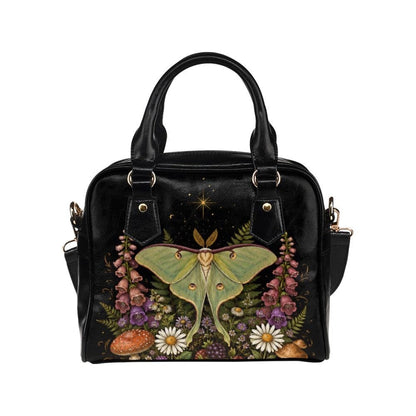 Luna Moth Handbag, Forest Moth Purse With Botanical Mushroom Floral Print, Black Shoulder Bag for Fairycore Nature Lovers