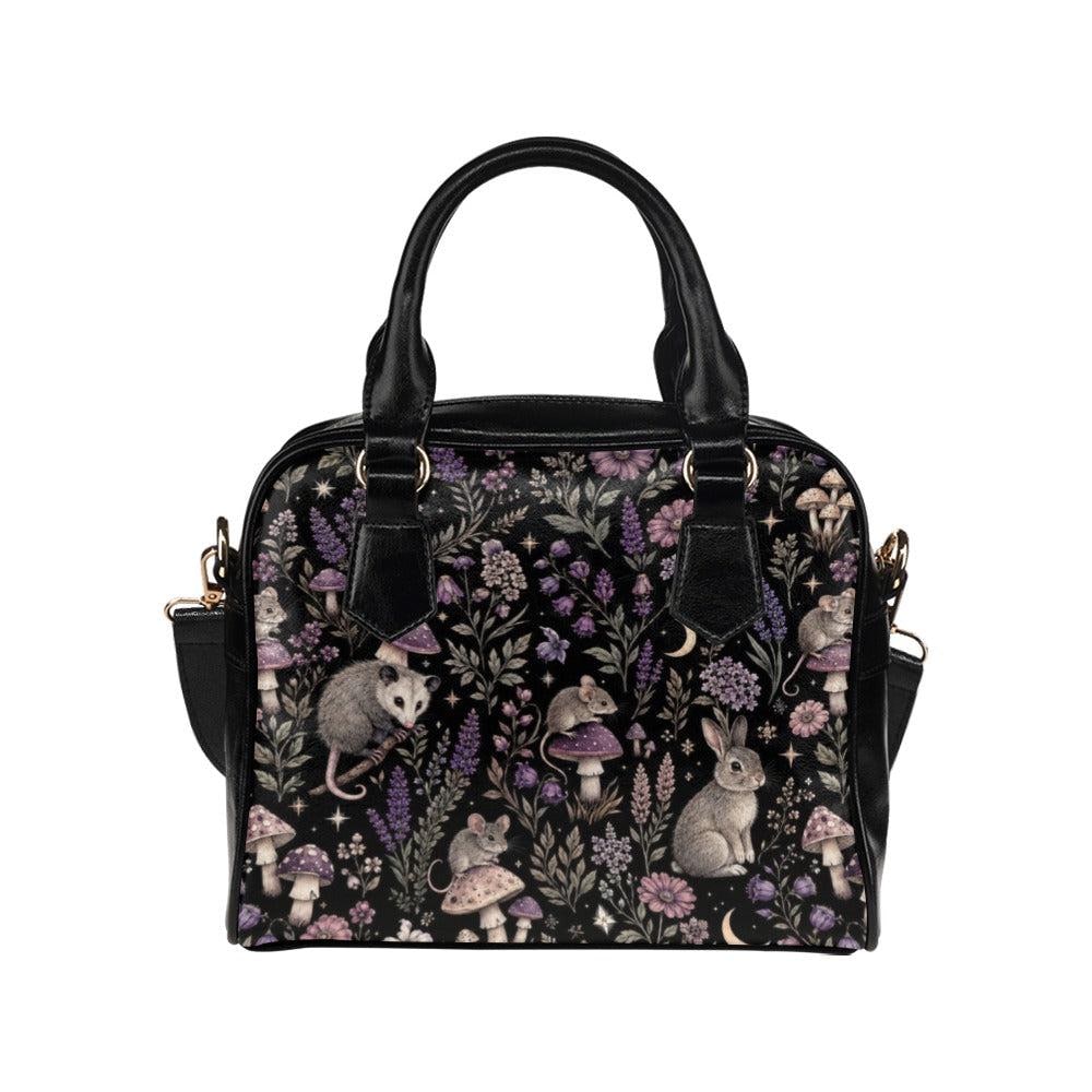 Woodland Animal Purse, Forest Creature Handbag With Rabbit Mouse Opossum Mushroom Floral Print, Black Cottagecore Satchel Bag