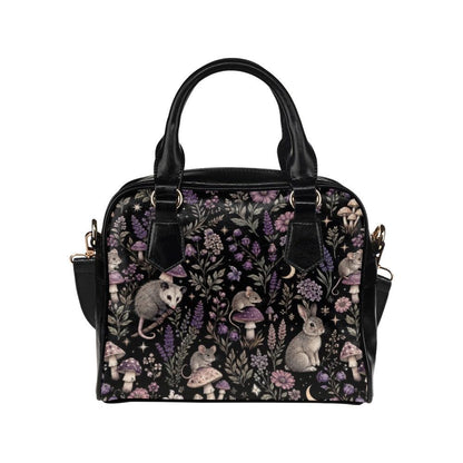 Woodland Animal Purse, Forest Creature Handbag With Rabbit Mouse Opossum Mushroom Floral Print, Black Cottagecore Satchel Bag