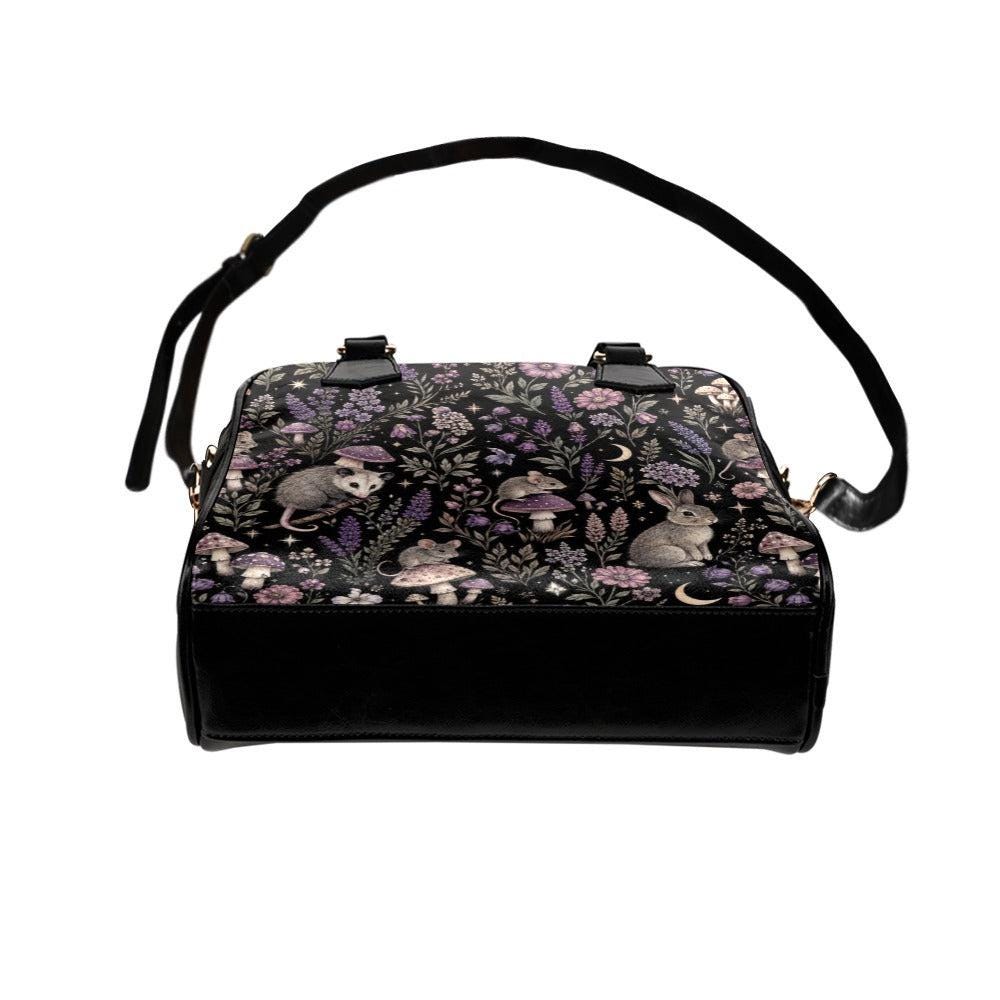 Woodland Animal Purse, Forest Creature Handbag With Rabbit Mouse Opossum Mushroom Floral Print, Black Cottagecore Satchel Bag