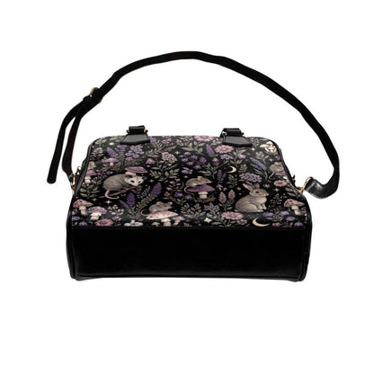 Woodland Animal Purse, Forest Creature Handbag With Rabbit Mouse Opossum Mushroom Floral Print, Black Cottagecore Satchel Bag