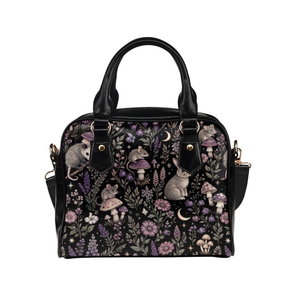 Woodland Animal Purse, Forest Creature Handbag With Rabbit Mouse Opossum Mushroom Floral Print, Black Cottagecore Satchel Bag