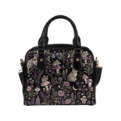 Woodland Animal Purse, Forest Creature Handbag With Rabbit Mouse Opossum Mushroom Floral Print, Black Cottagecore Satchel Bag