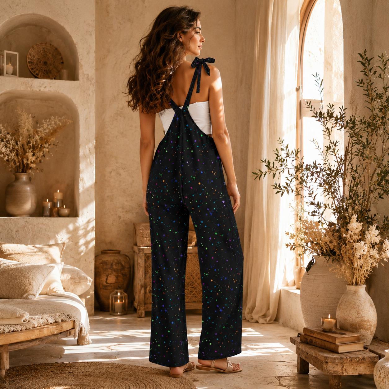 Galaxy Star Jumpsuit, Spacecore Wide Leg Overalls, Cosmic Festival Wear, Star Print Dungarees