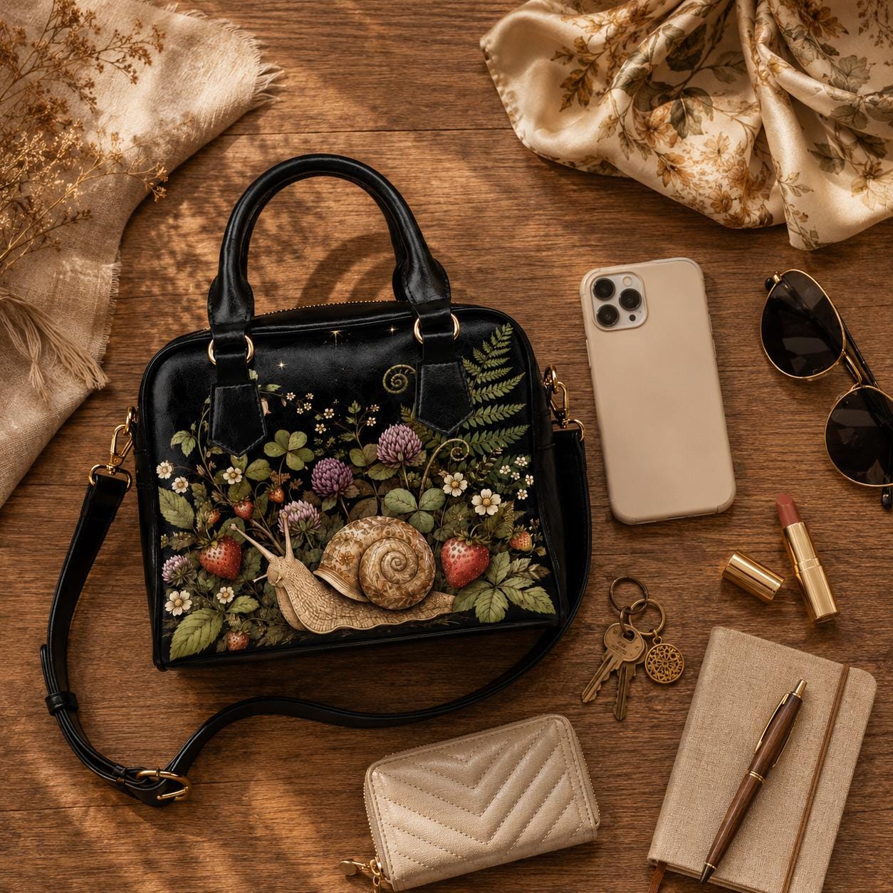 Snail Print Handbag, Dark Botanical Satchel Purse, Strawberry Flowers, Woodland Cottagecore Bag