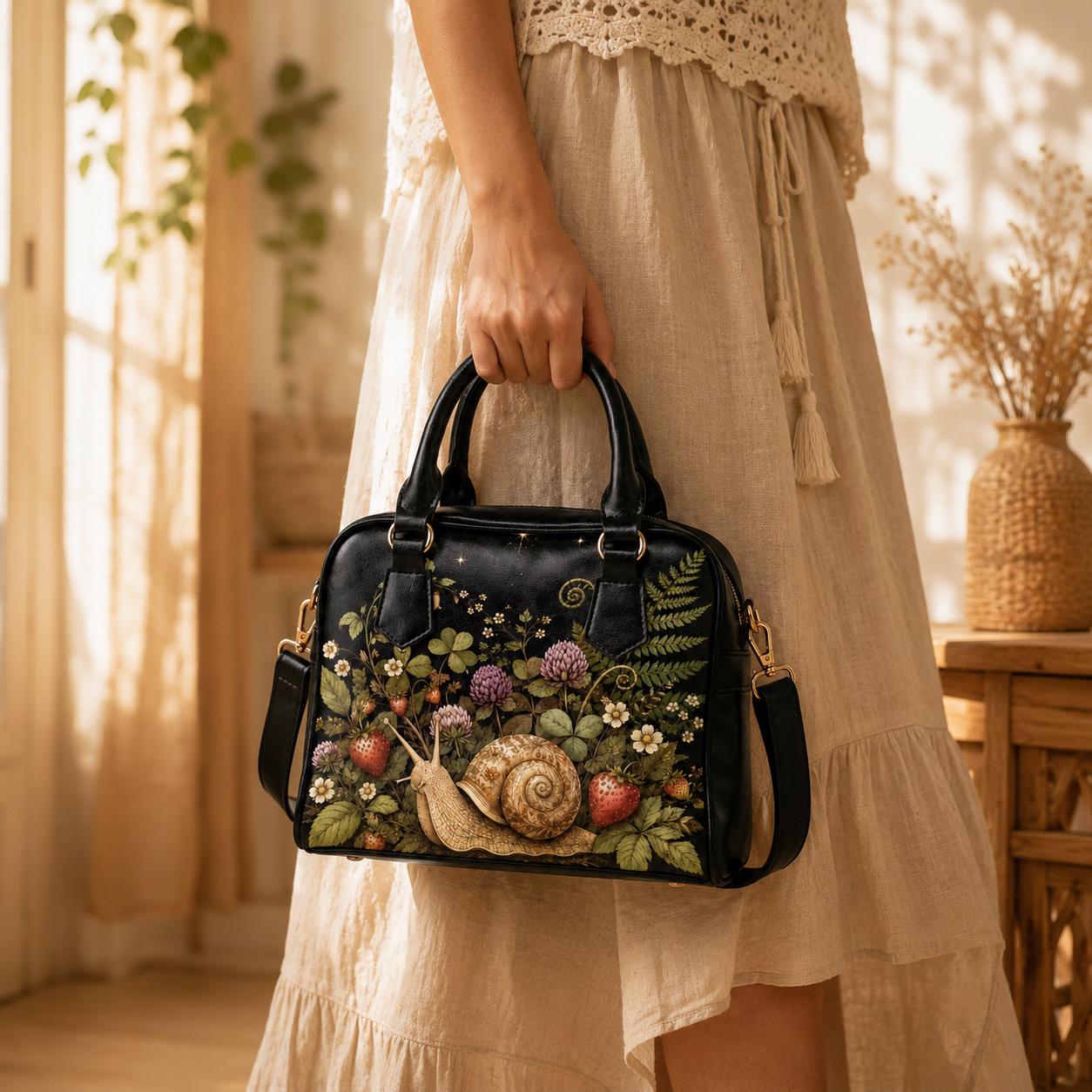 Snail Print Handbag, Dark Botanical Satchel Purse, Strawberry Flowers, Woodland Cottagecore Bag
