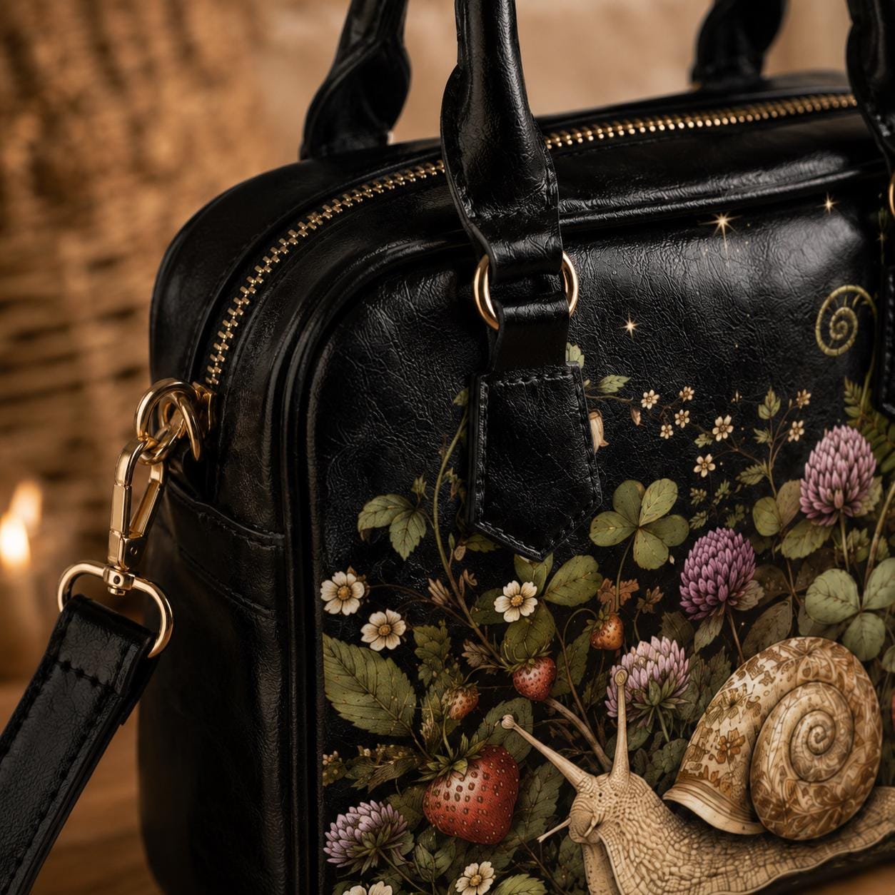 Snail Print Handbag, Dark Botanical Satchel Purse, Strawberry Flowers, Woodland Cottagecore Bag