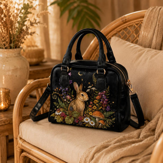 Cottagecore Rabbit Meadow Crossbody Purse, Witchy Woodland Vegan Leather Bag