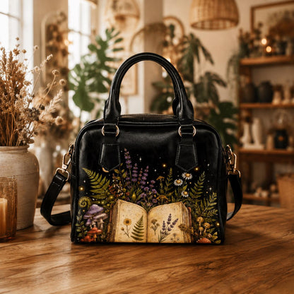 Botanical Book Purse, Witchy Garden Handbag With Open Journal Floral Print, Black Zip Top Shoulder Bag for Bookish Style