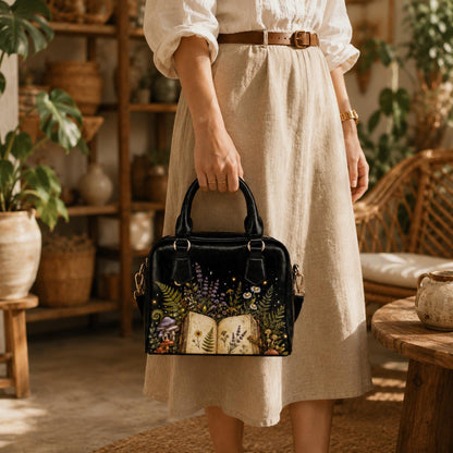 Botanical Book Purse, Witchy Garden Handbag With Open Journal Floral Print, Black Zip Top Shoulder Bag for Bookish Style