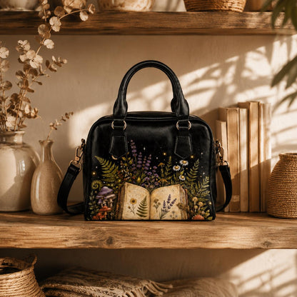 Botanical Book Purse, Witchy Garden Handbag With Open Journal Floral Print, Black Zip Top Shoulder Bag for Bookish Style