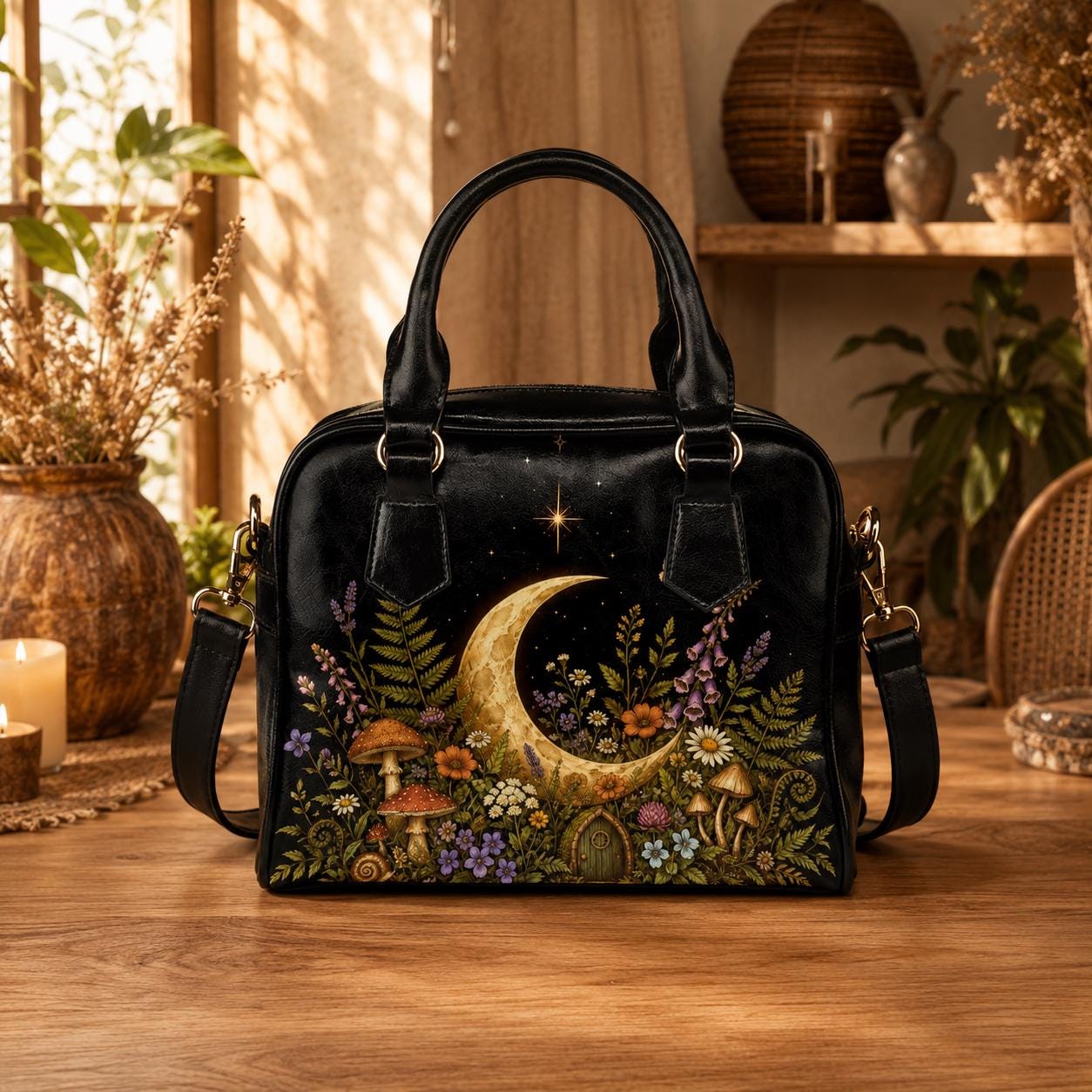 Crescent Moon Crossbody Purse, Celestial Black Handbag With Mushroom Floral Garden Print, Witchy Zip Top Bag With Handles