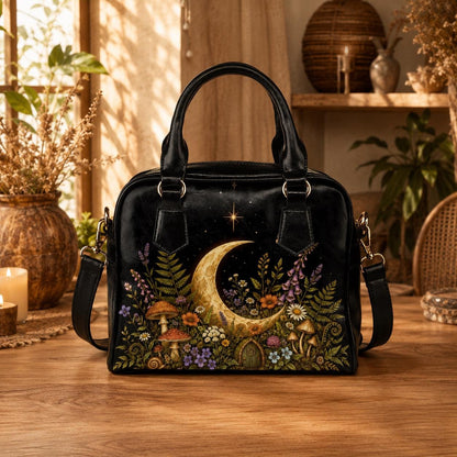 Crescent Moon Crossbody Purse, Celestial Black Handbag With Mushroom Floral Garden Print, Witchy Zip Top Bag With Handles