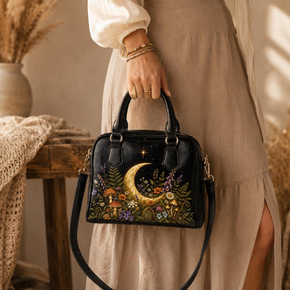 Crescent Moon Crossbody Purse, Celestial Black Handbag With Mushroom Floral Garden Print, Witchy Zip Top Bag With Handles