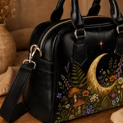 Crescent Moon Crossbody Purse, Celestial Black Handbag With Mushroom Floral Garden Print, Witchy Zip Top Bag With Handles