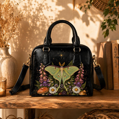 Luna Moth Handbag, Forest Moth Purse With Botanical Mushroom Floral Print, Black Shoulder Bag for Fairycore Nature Lovers