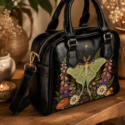 Luna Moth Handbag, Forest Moth Purse With Botanical Mushroom Floral Print, Black Shoulder Bag for Fairycore Nature Lovers