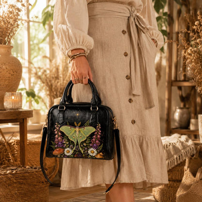 Luna Moth Handbag, Forest Moth Purse With Botanical Mushroom Floral Print, Black Shoulder Bag for Fairycore Nature Lovers