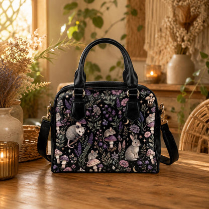 Woodland Animal Purse, Forest Creature Handbag With Rabbit Mouse Opossum Mushroom Floral Print, Black Cottagecore Satchel Bag