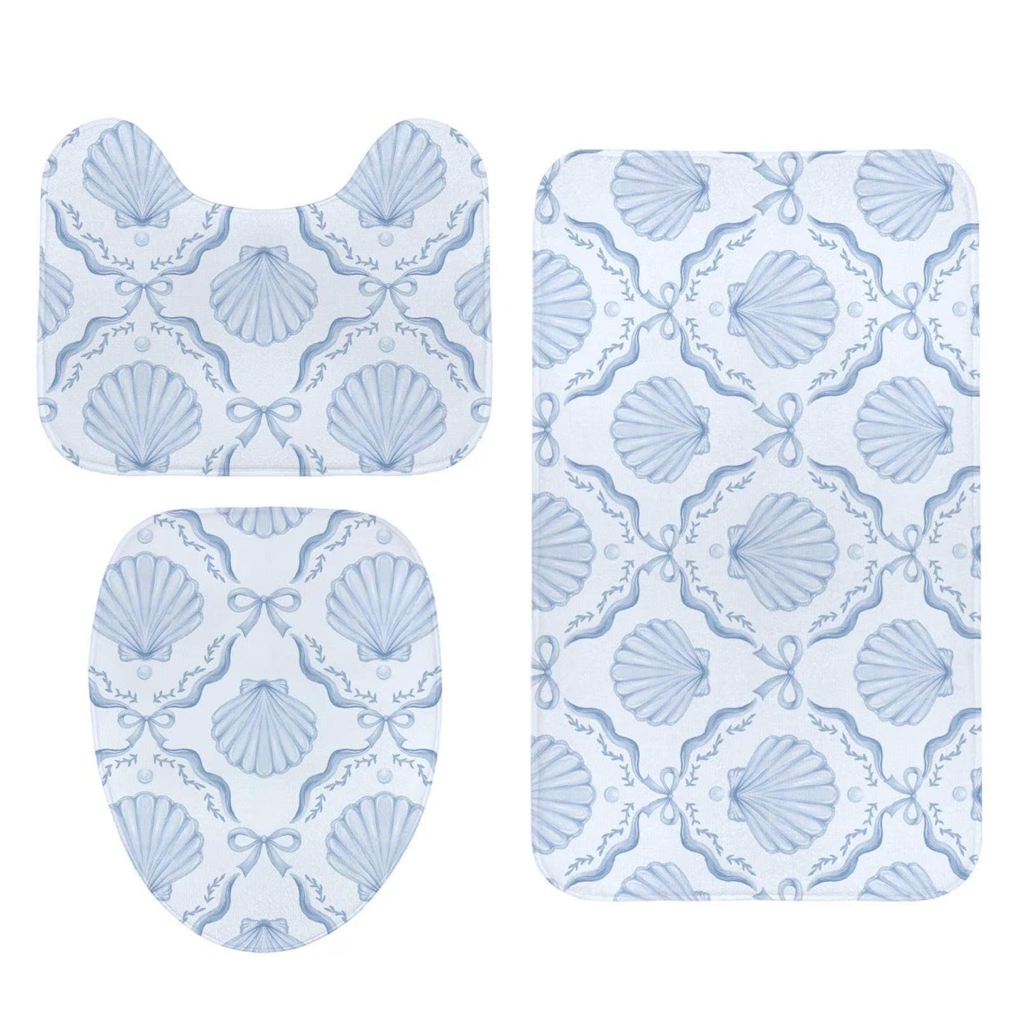 Coastal Seashell Shower Curtain, Blue Bow Bathroom Decor, Beach Cottage Bath Curtain