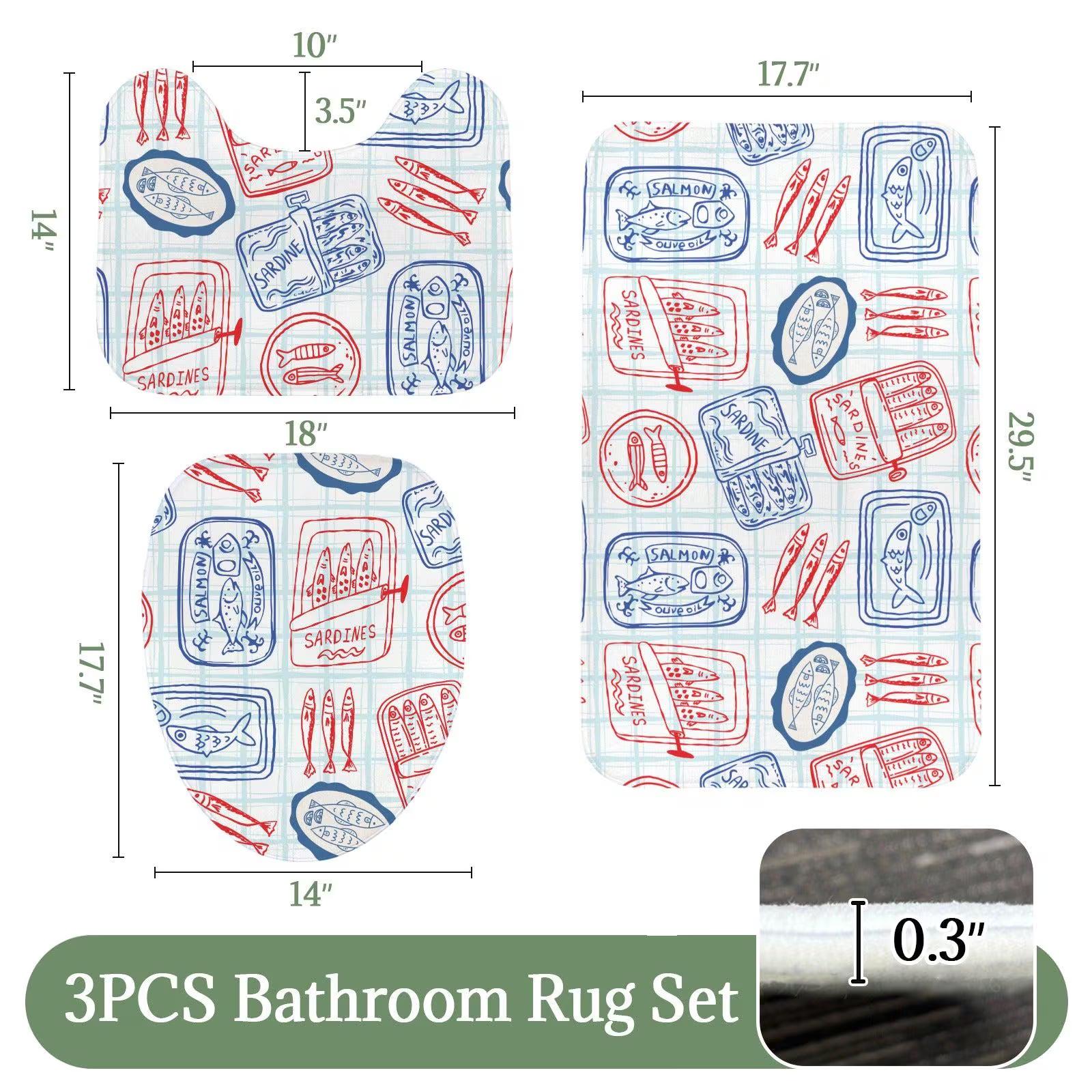 Tinned Fish Shower Curtain, Retro Seafood Bath Decor, Red Blue Coastal Print