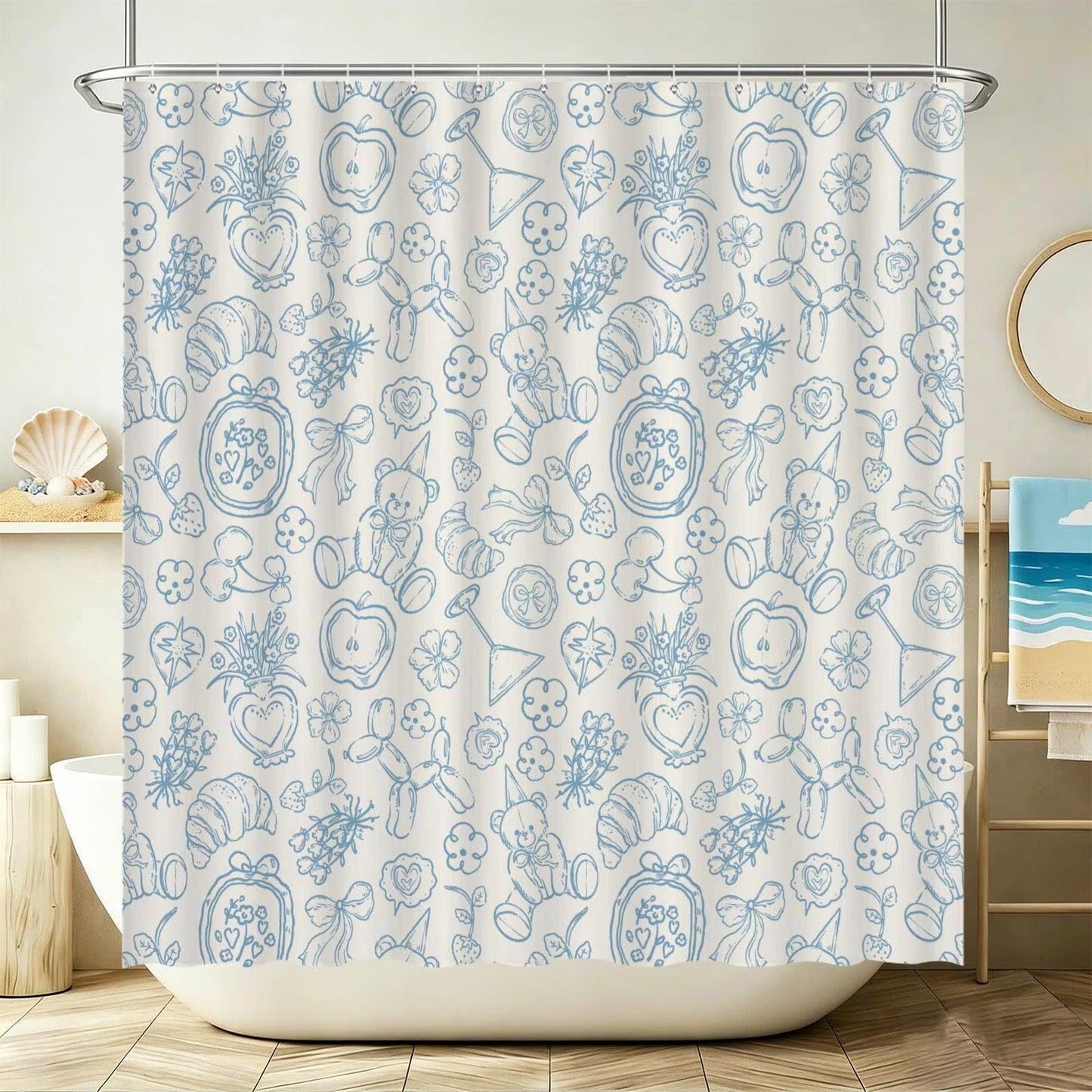 Blue Toile Teddy Bear Bathroom Rug Set, Whimsical Nursery Bath Decor