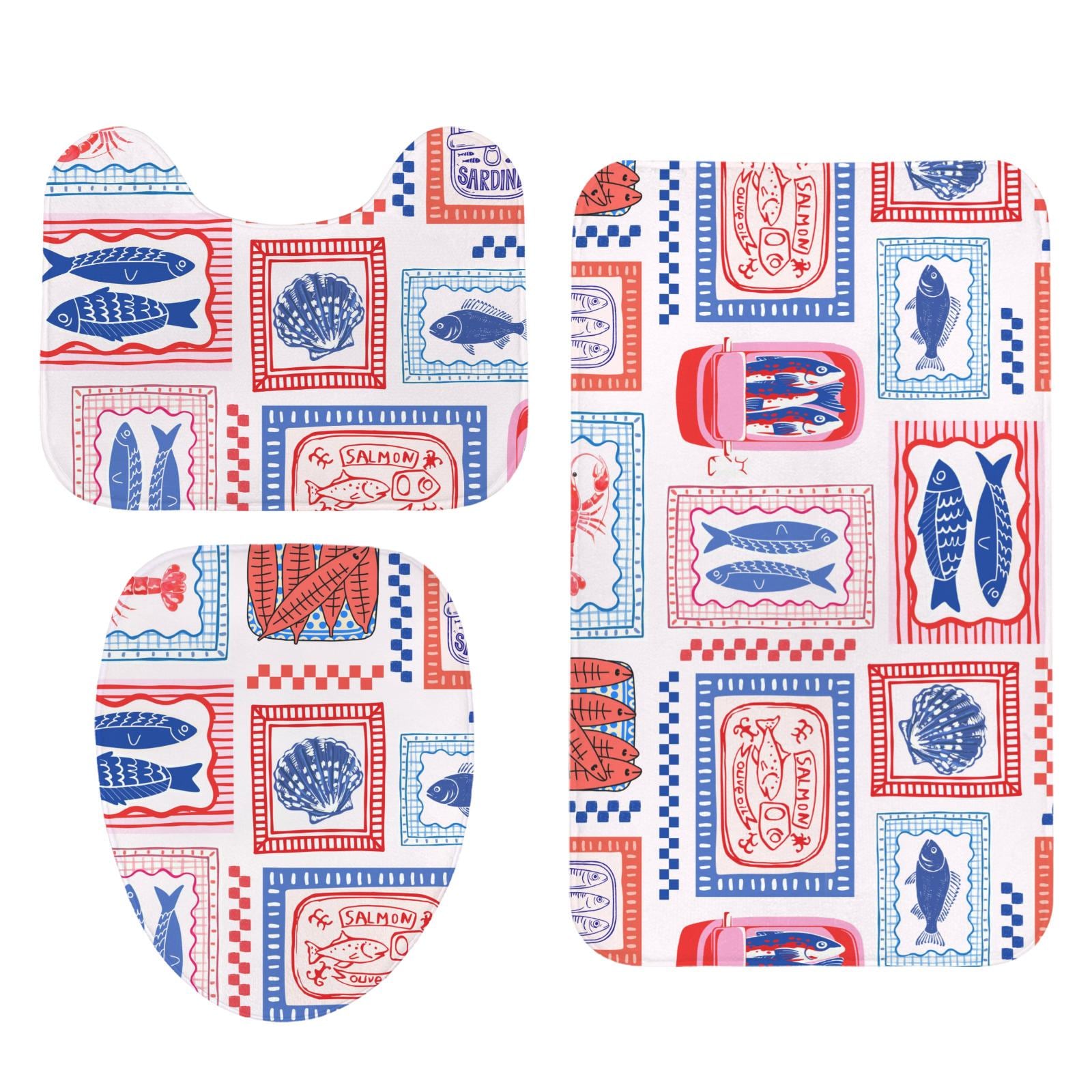 Tinned Fish Shower Curtain, Retro Seafood Market Bathroom Decor, Sardine Lobster Print