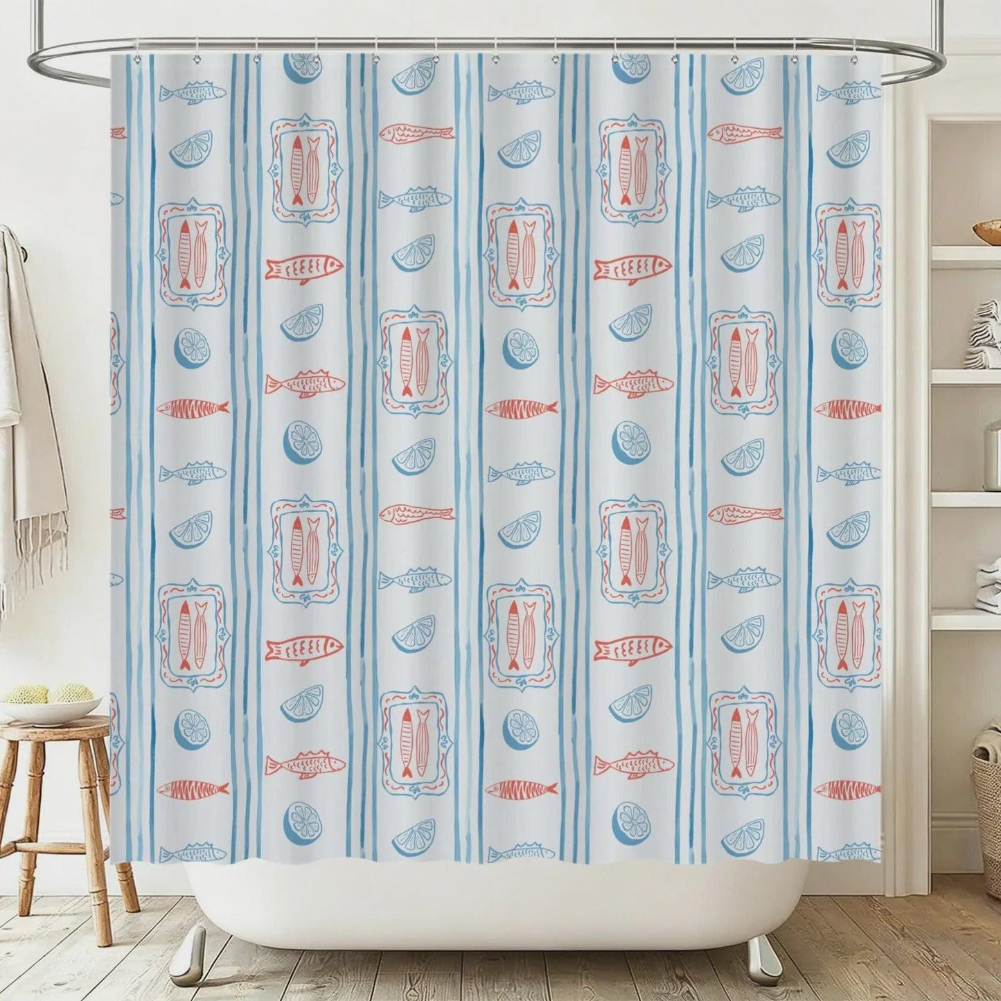 Mediterranean Bath Mat Set, Sardine Lemon Stripe Coastal Bathroom Rug, Beach Apartment Decor