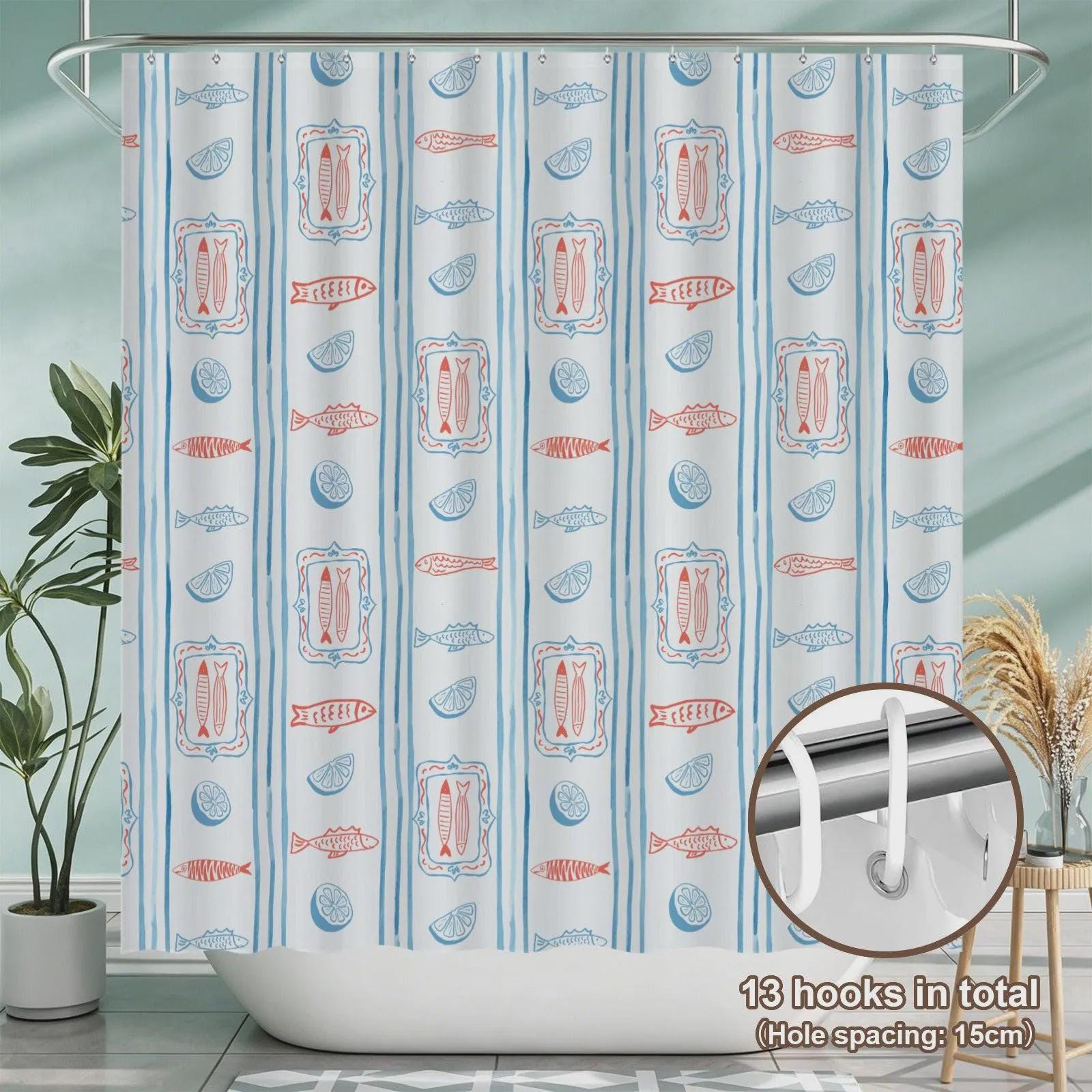 Mediterranean Bath Mat Set, Sardine Lemon Stripe Coastal Bathroom Rug, Beach Apartment Decor