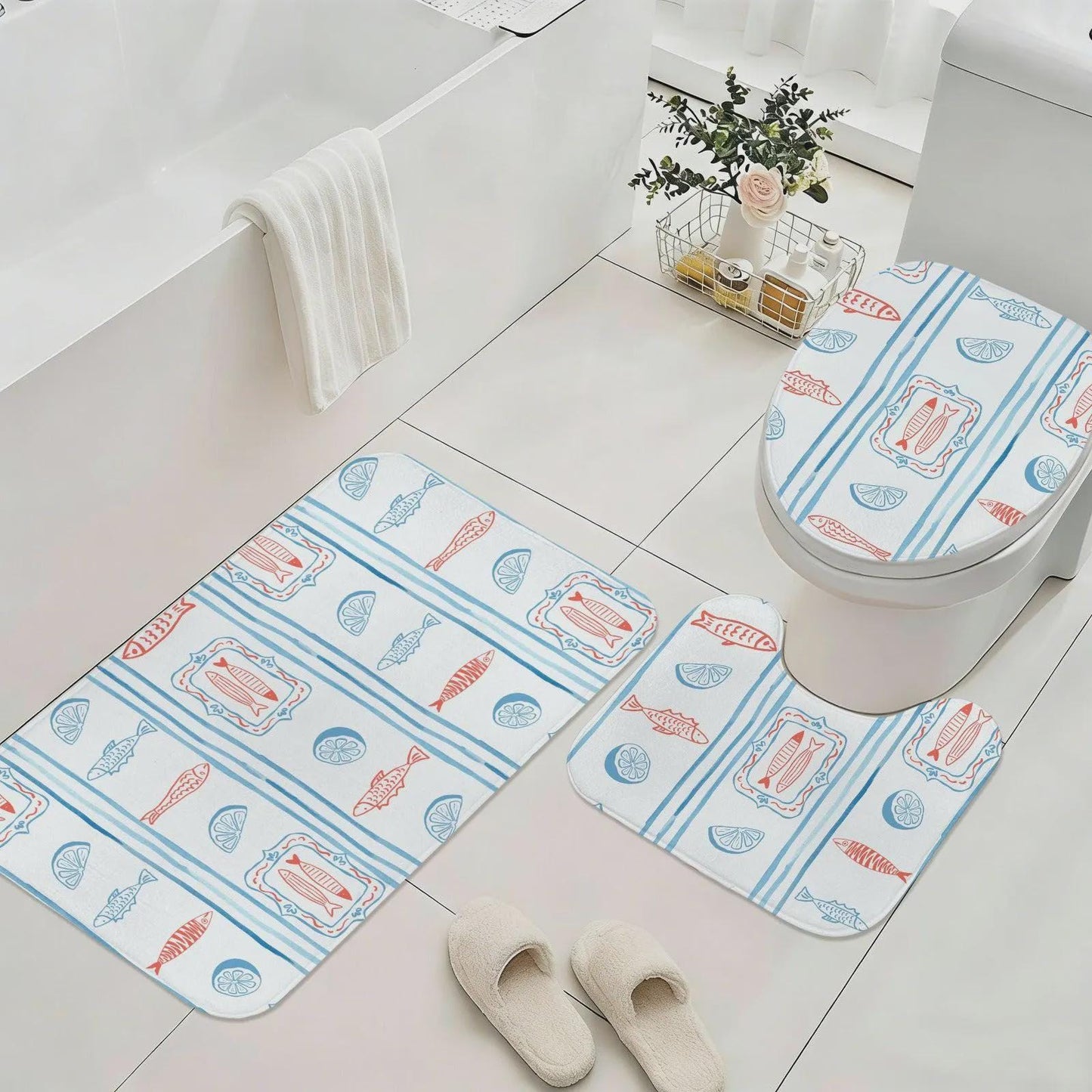 Mediterranean Fish Shower Curtain, Blue Stripe Lemon Bathroom Decor, Coastal Bath Panel