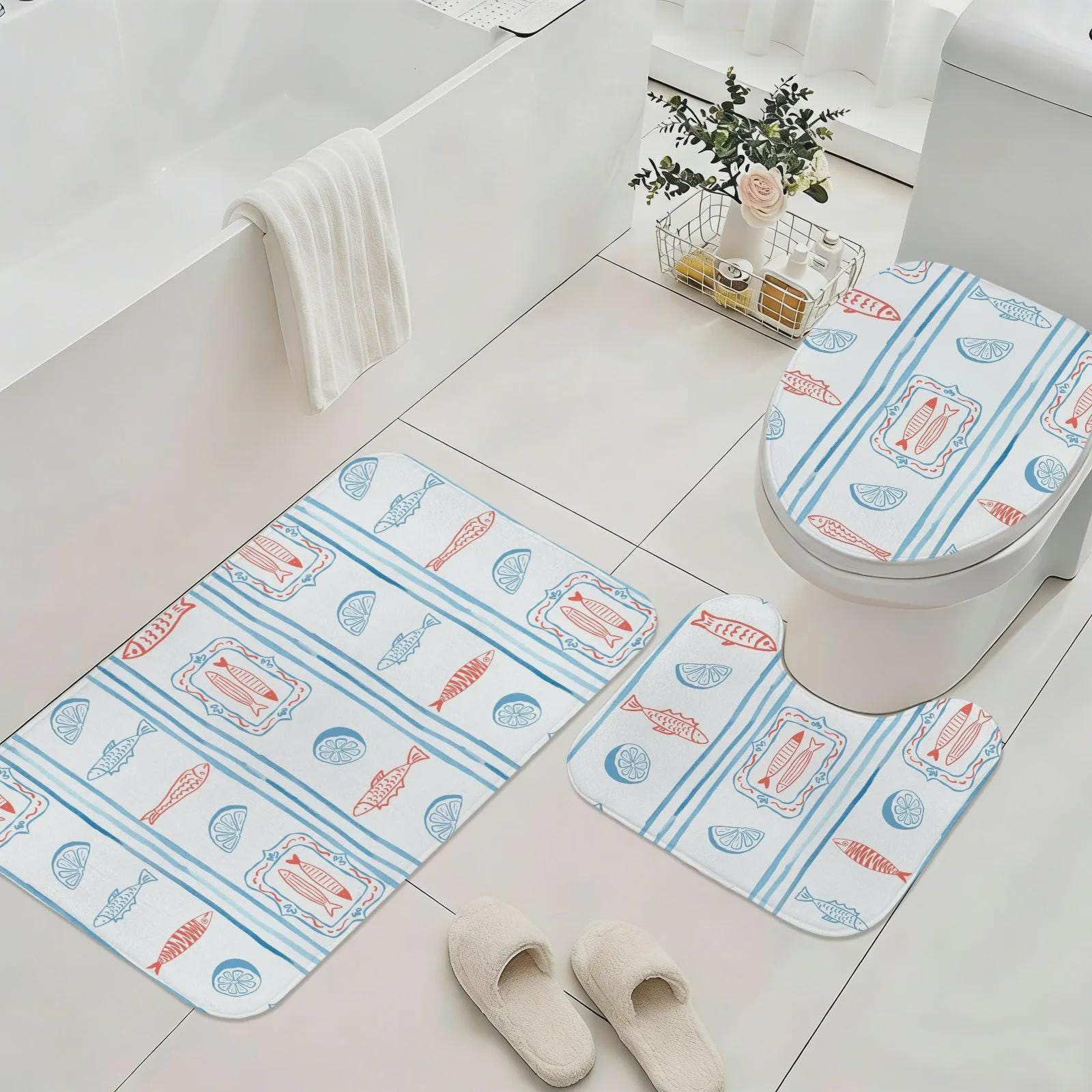 Mediterranean Fish Shower Curtain, Blue Stripe Lemon Bathroom Decor, Coastal Bath Panel
