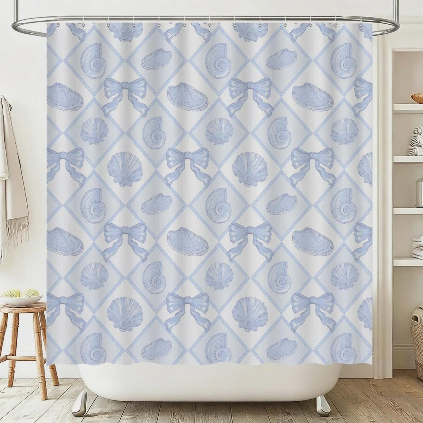Blue Lattice Shell Bath Mat Set, Coastal Bow Toilet Rug, Seaside Bathroom Decor
