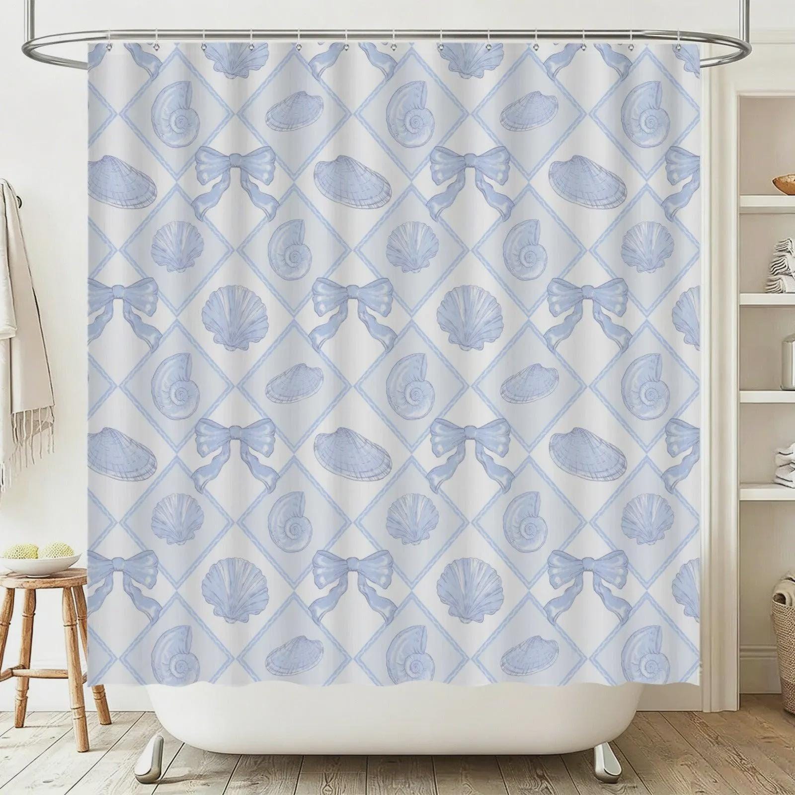 Blue Lattice Shell Bath Mat Set, Coastal Bow Toilet Rug, Seaside Bathroom Decor