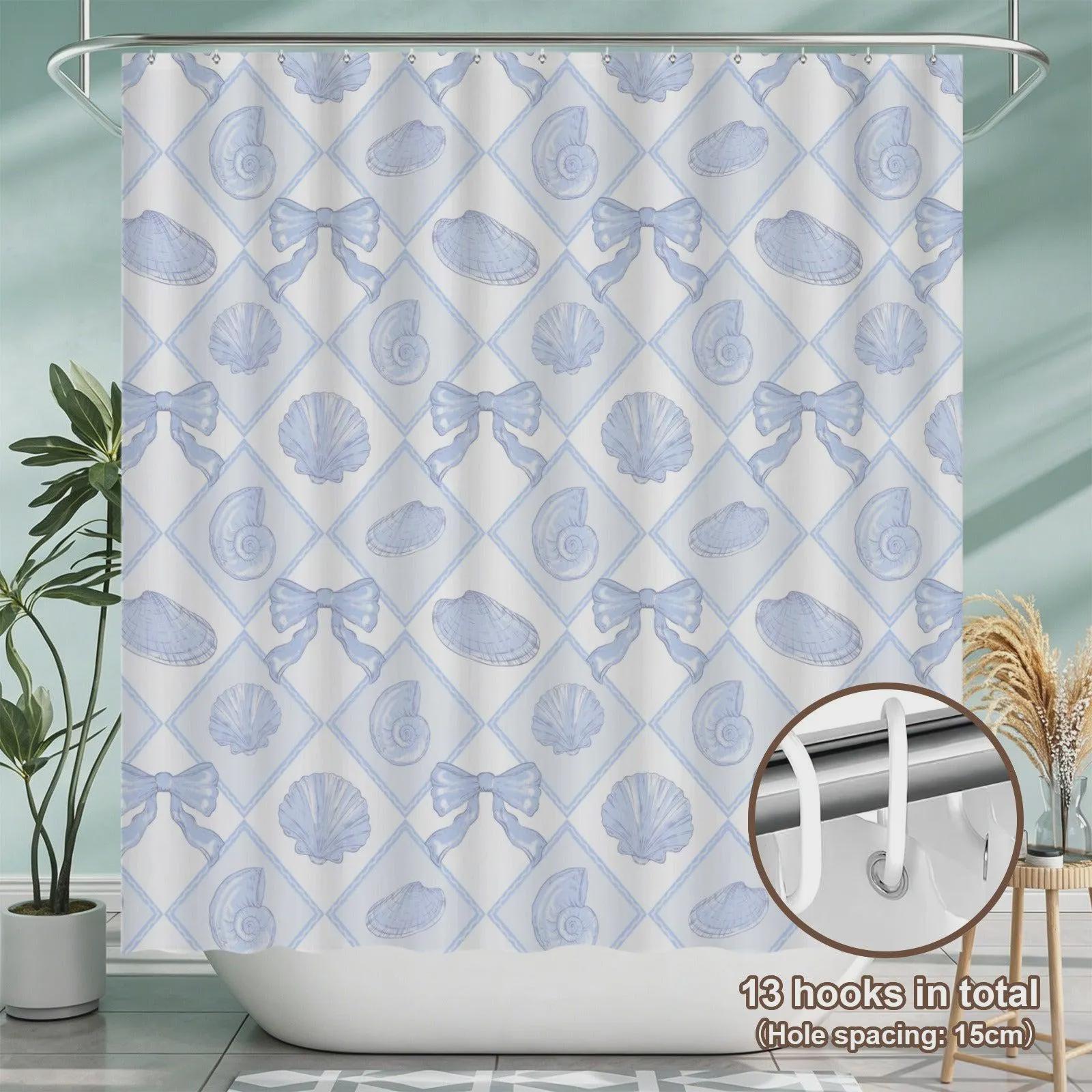 Blue Lattice Shell Bath Mat Set, Coastal Bow Toilet Rug, Seaside Bathroom Decor