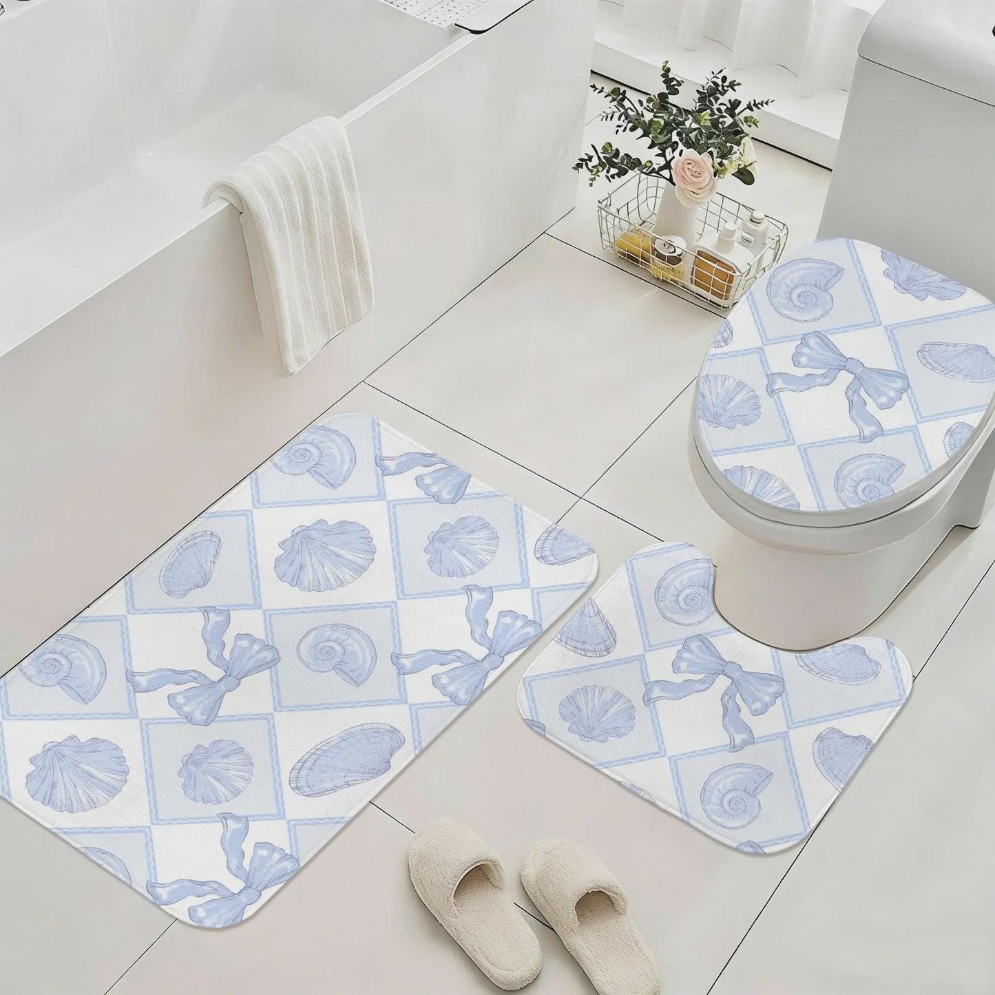 Blue Seashell Bow Shower Curtain, Coastal Beach Cottage Bath Decor