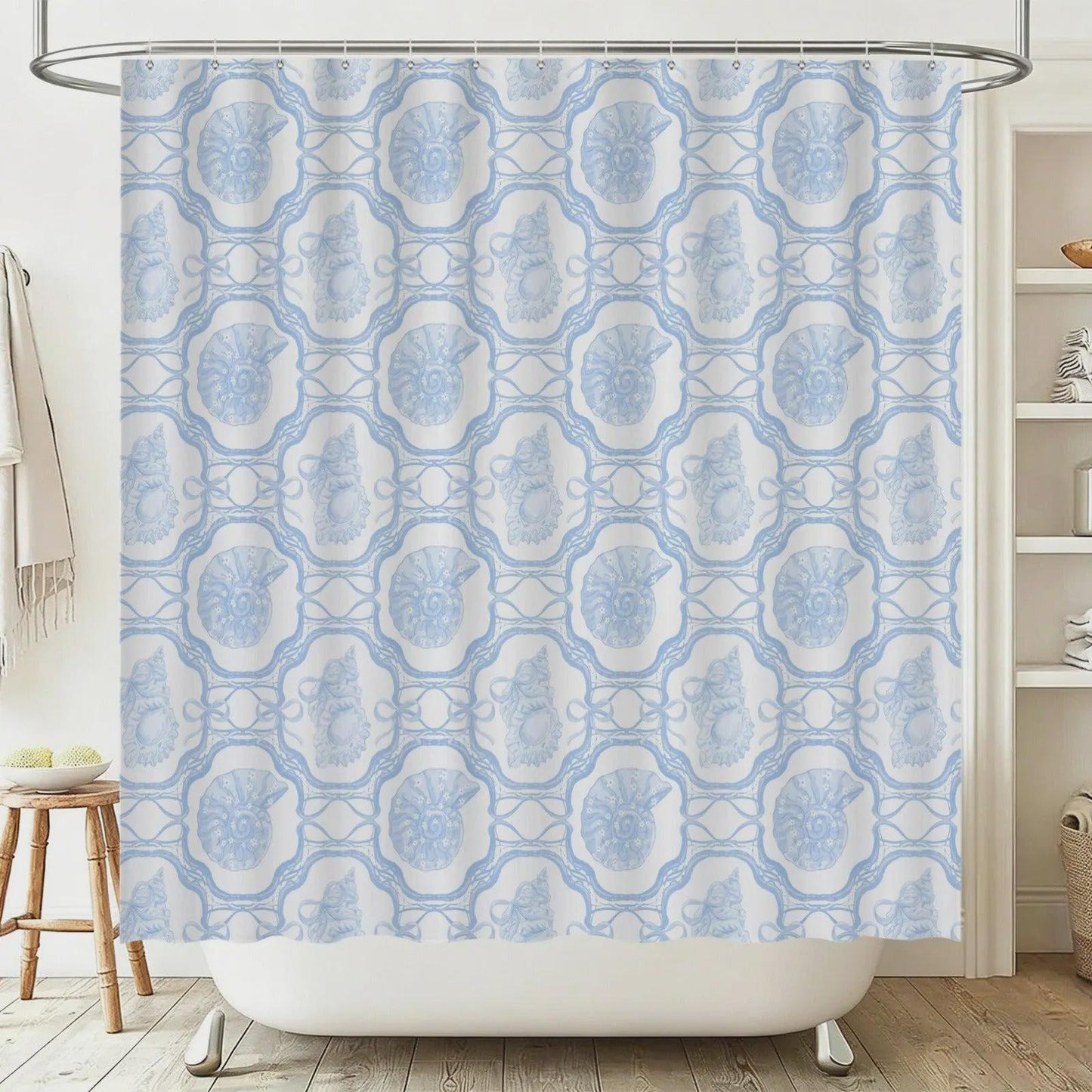 Coastal Seashell Bathroom Rug Set, Blue Beach Cottage Bath Mats (3-Piece)