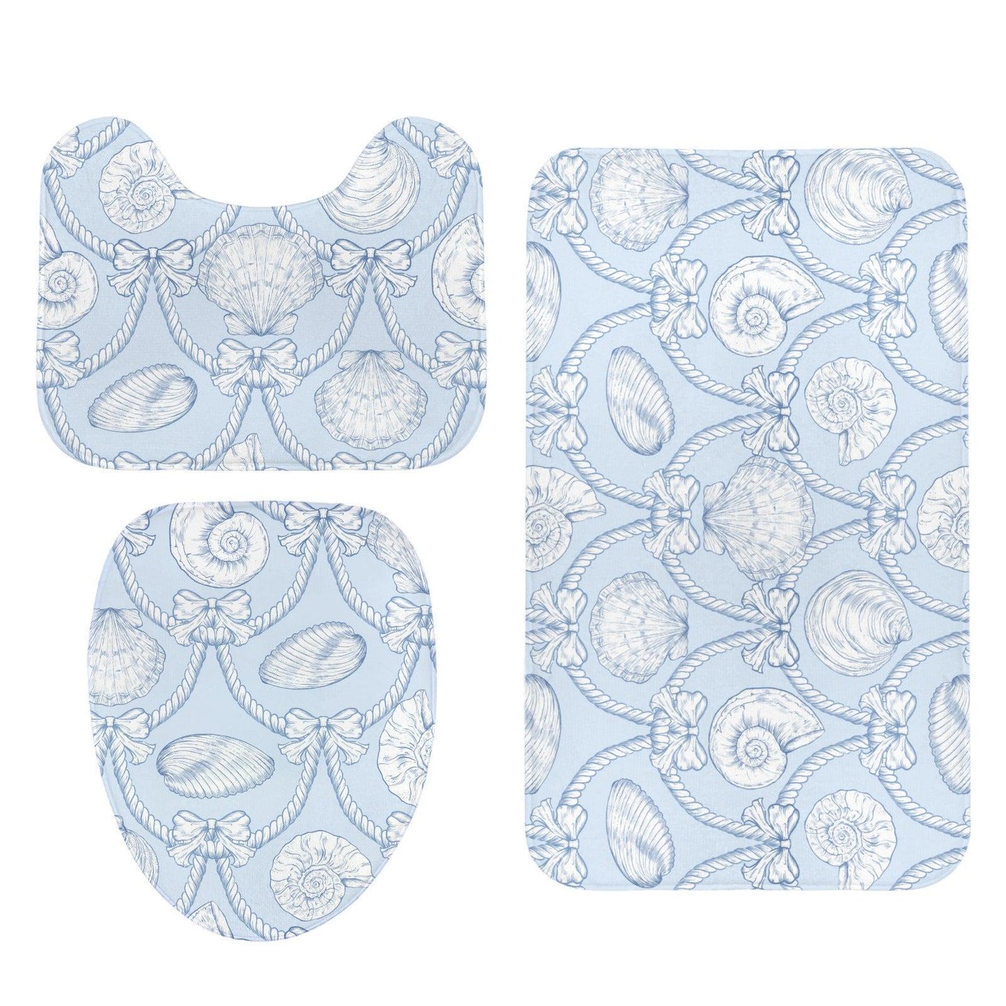 Blue Toile Seashell Shower Curtain, French Coastal Bathroom Decor, Nautical Rope Bow Bath Curtain