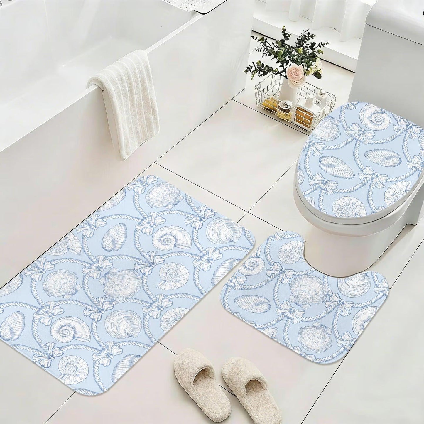 Blue Toile Seashell Shower Curtain, French Coastal Bathroom Decor, Nautical Rope Bow Bath Curtain