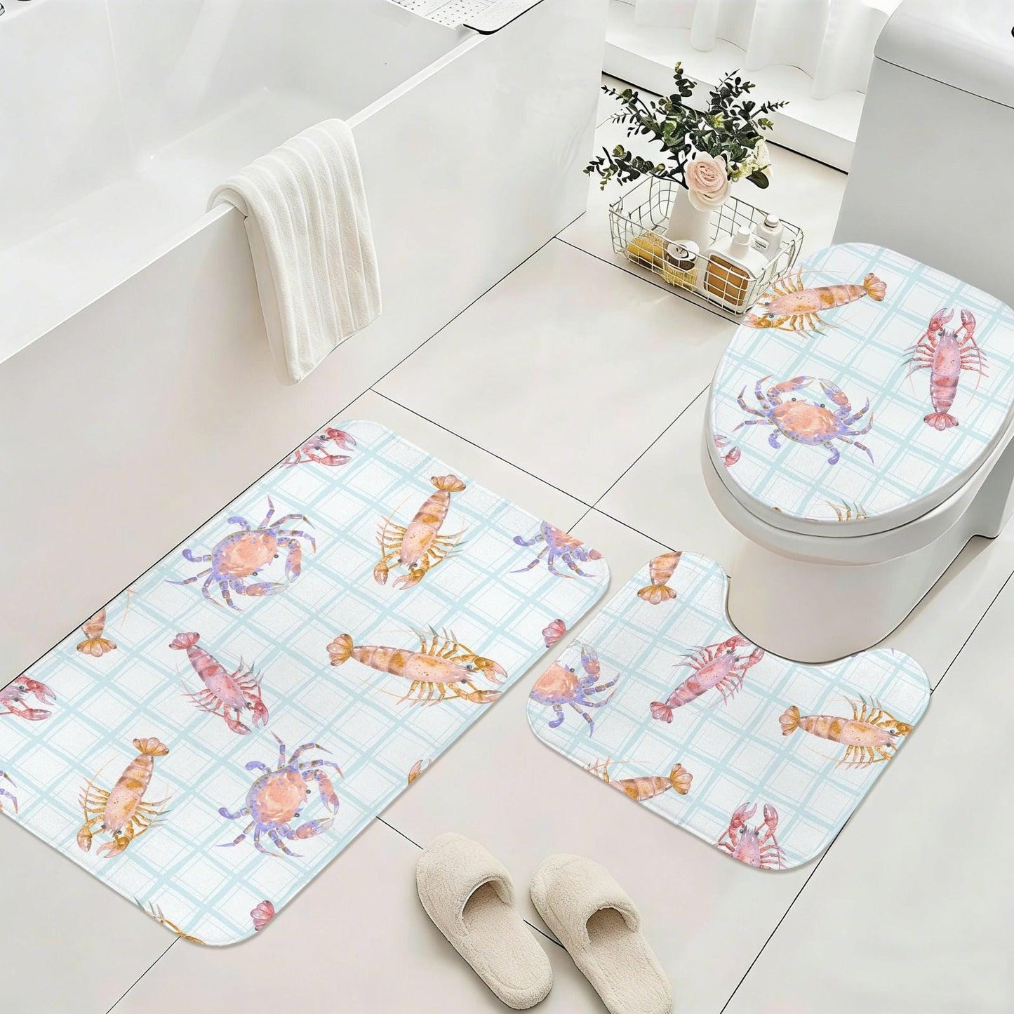 Seafood Bathroom Rug Set, Lobster Crab Shrimp Bath Mat, Coastal Plaid Decor